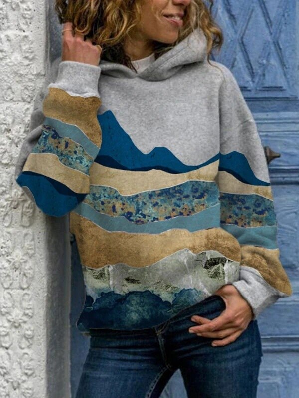 Grijze hoodie met bergprint - comfortabele outdoor natuur sweater - Bakkermode.nl