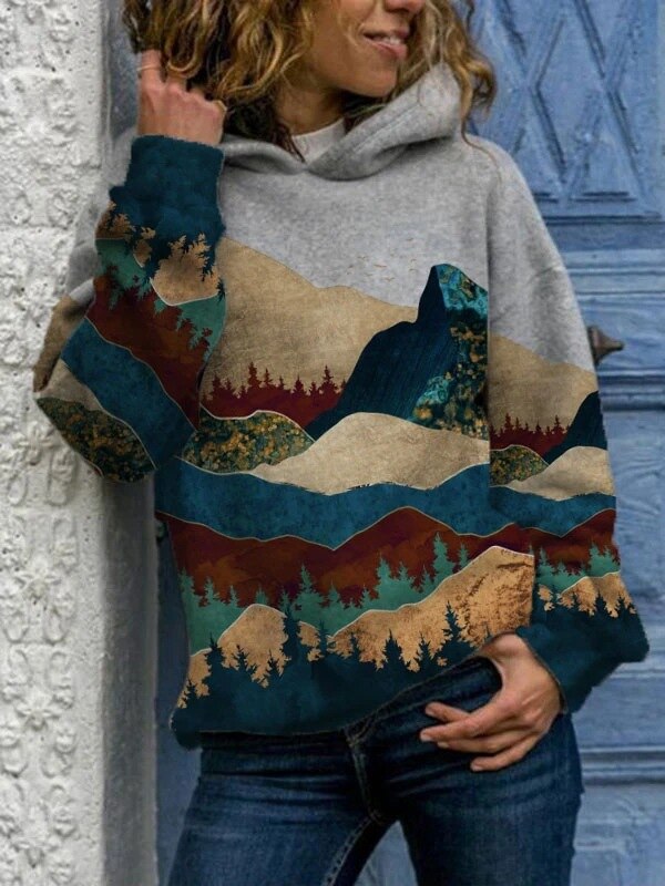 Grijze hoodie met bergprint - comfortabele outdoor natuur sweater - Bakkermode.nl