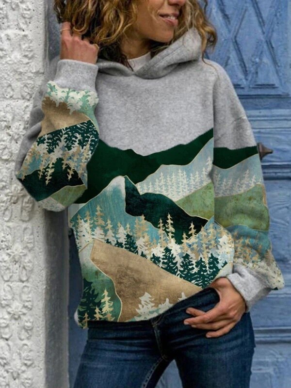 Grijze hoodie met bergprint - comfortabele outdoor natuur sweater - Bakkermode.nl