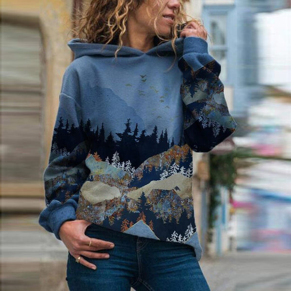 Grijze hoodie met bergprint - comfortabele outdoor natuur sweater - Bakkermode.nl