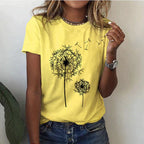 Dames t-shirt met paardenbloemprint - zachte katoenen casual top voor elke dag