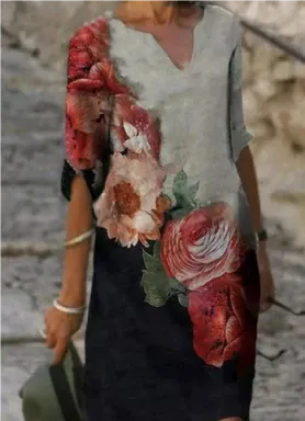 Dames casual jurk met v-hals en bloemenprint voor de zomer - luchtige, lichte casual jurken