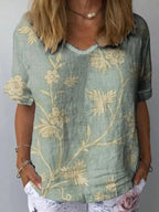 Dames relaxte fit geborduurde t-shirt in zacht linnen grijs - casual everyday top met bloemenmotief