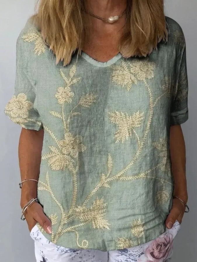Dames relaxte fit geborduurde t-shirt in zacht linnen grijs - casual everyday top met bloemenmotief