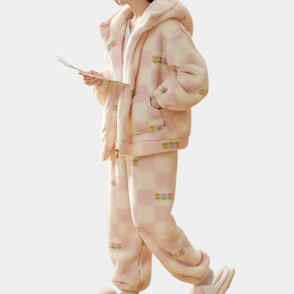 2-delige roze fleece loungewear set - dames zachte pyjama's