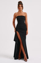 Strapless zwarte maxi jurk - elegante avondjurk met gedurfde hoge split