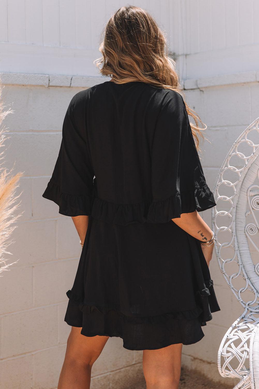 Zwarte babydoll mini jurk - franje v-hals jurk voor dames