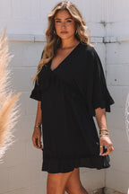 Zwarte babydoll mini jurk - franje v-hals jurk voor dames