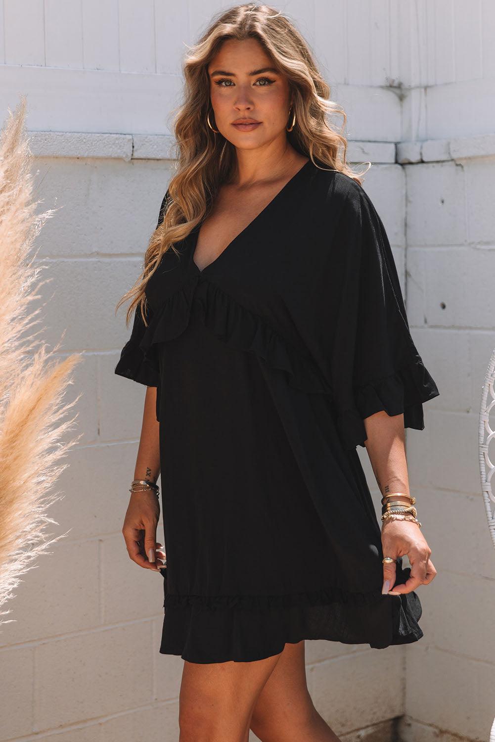 Zwarte babydoll mini jurk - franje v-hals jurk voor dames
